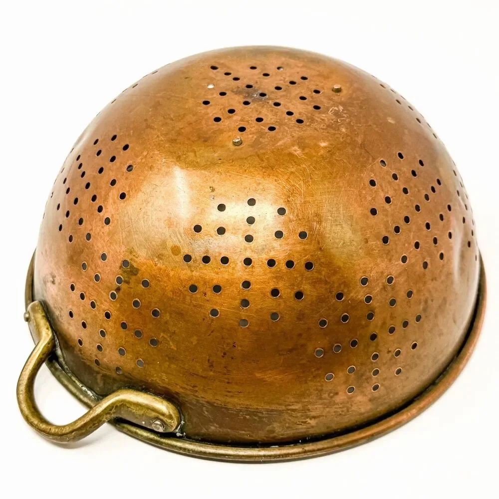 Vintage Copper Colander Brass Handles Farmhouse Kitchen Strainer Bowl Rustic